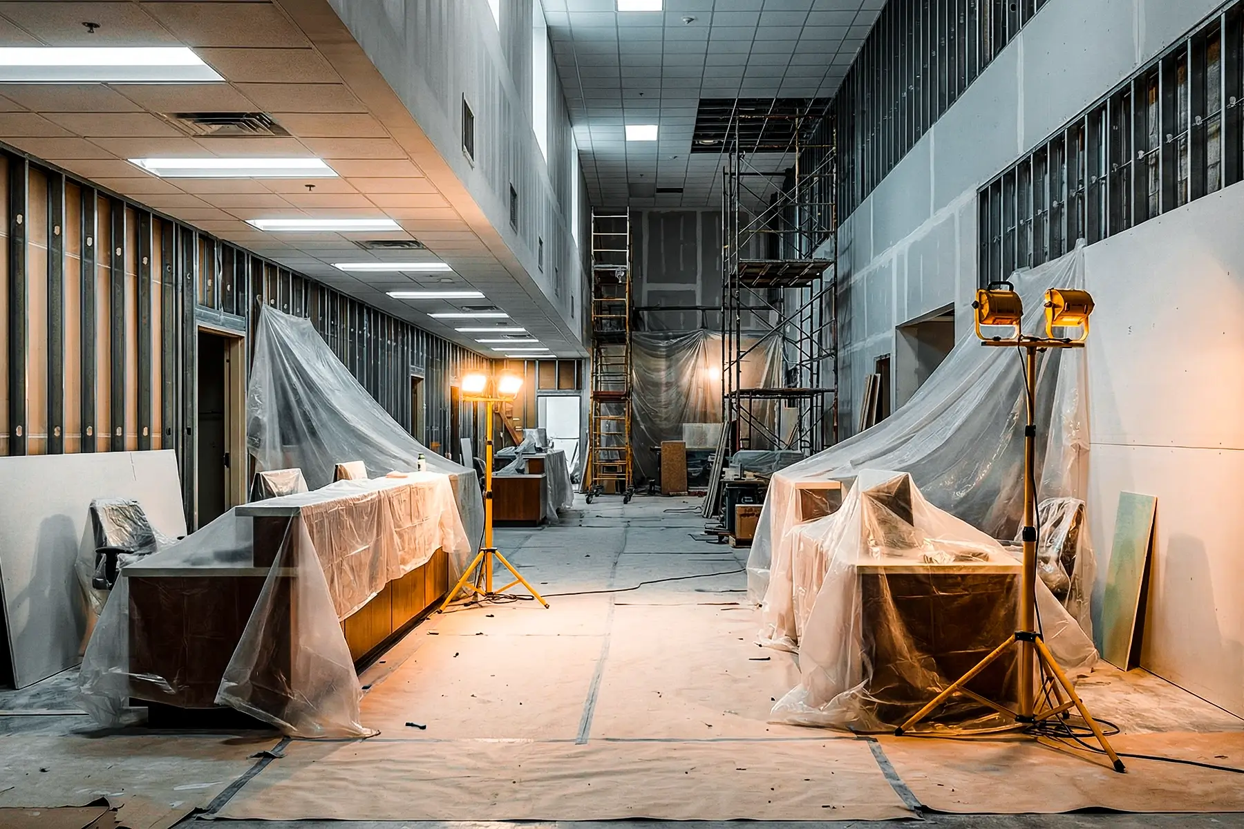 Reception desks covered in plastic sheeting within a construction zone requiring hospital renovation fire safety.