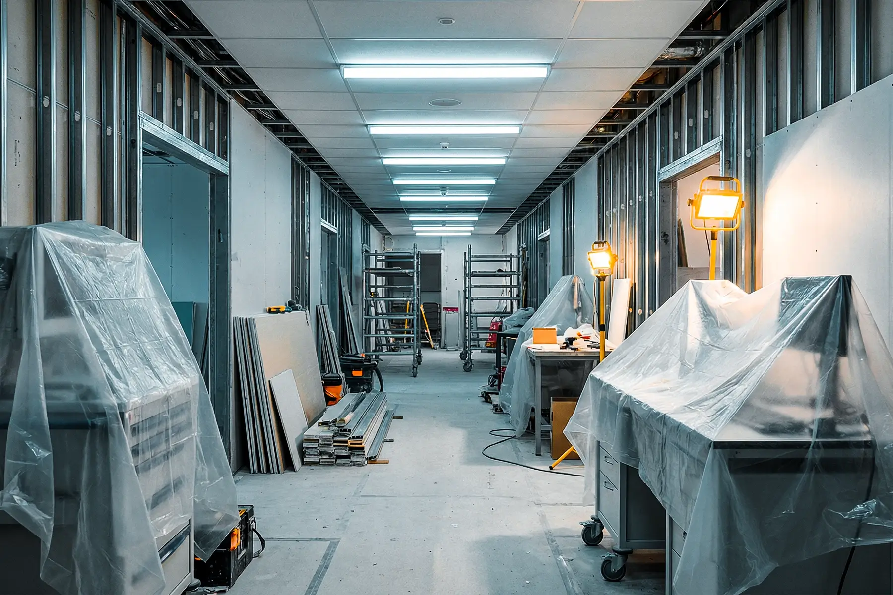 A narrow corridor filled with construction materials and scaffolding ensuring hospital renovation fire safety.