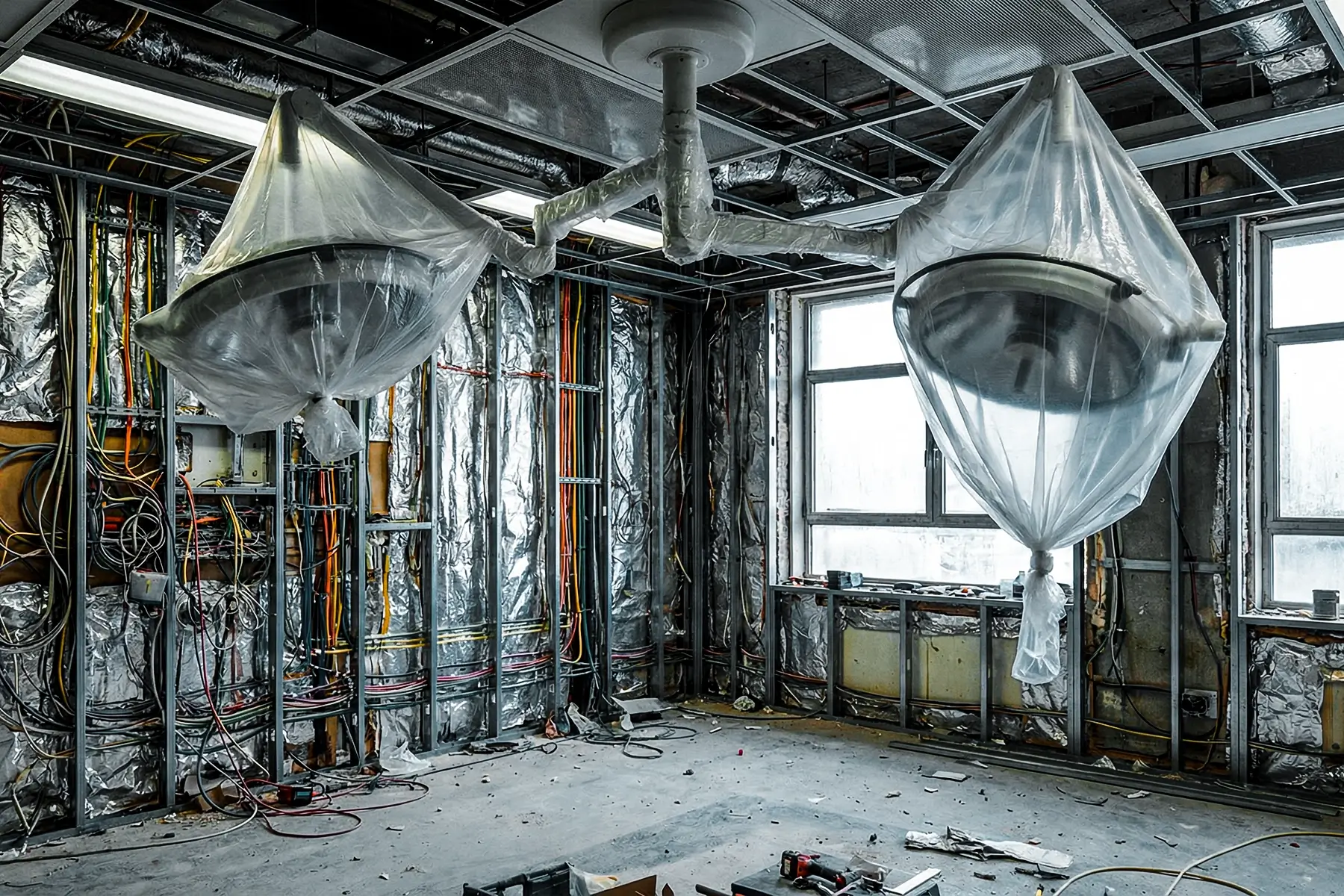 An operating theatre with exposed wiring and covered surgical lights undergoing hospital renovation fire safety updates.