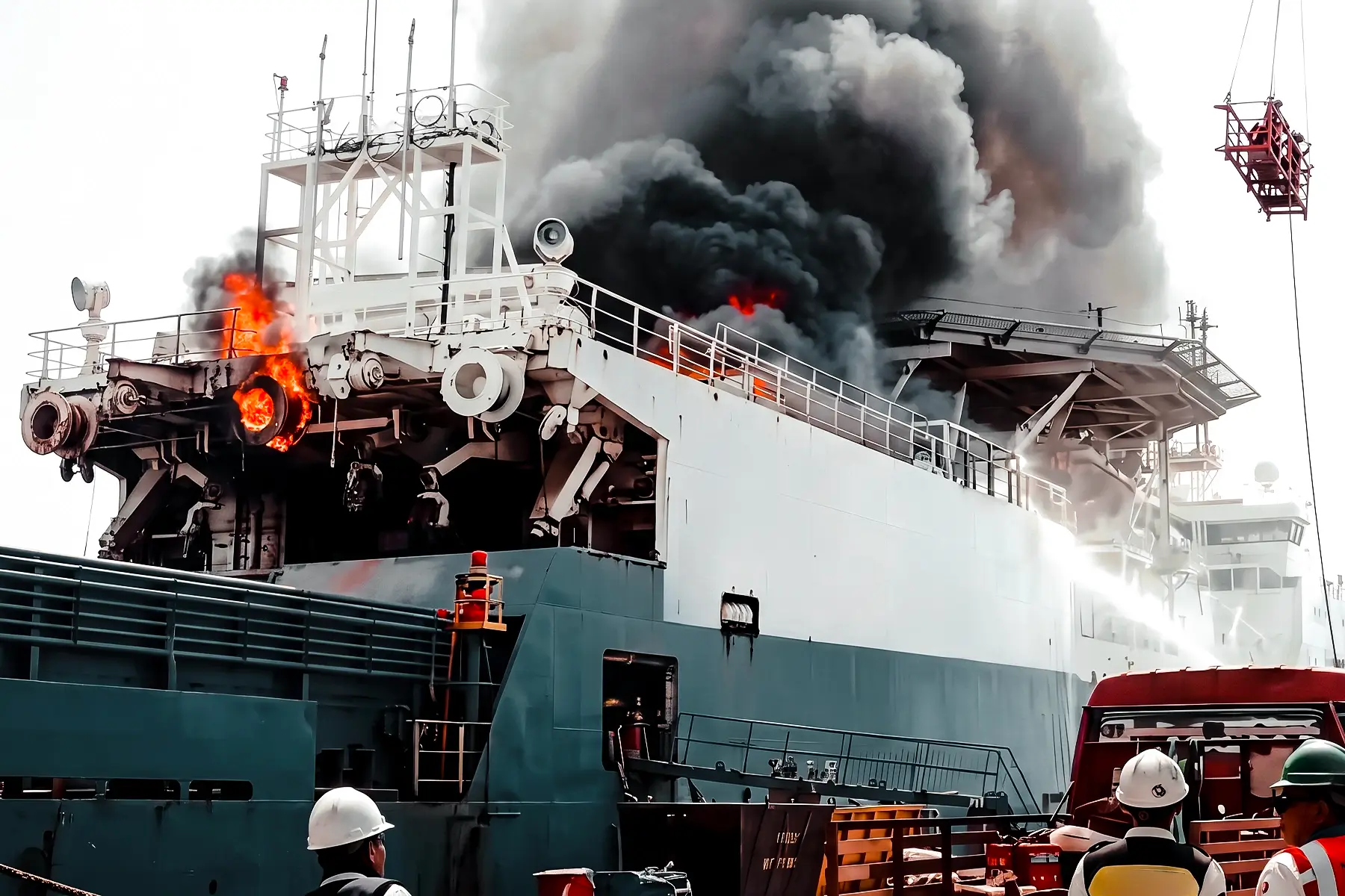 Fire and black smoke billowing from the deck machinery of a white and teal vessel in a shipyard, with workers in hard hats watching from the dockside