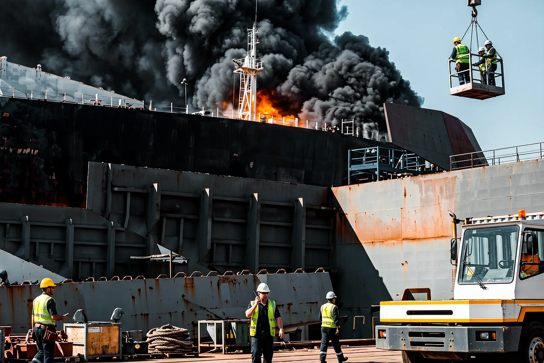 Black smoke and orange flames rising from the deck of a large grey vessel under repair in a shipyard, with workers in hi-vis vests and a crane basket overhead