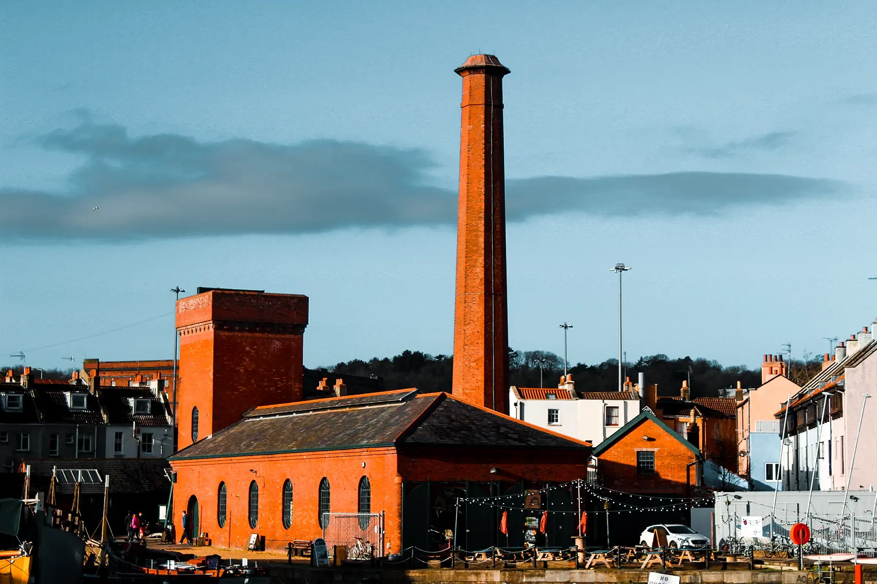 The historic brick pump room and chimney at Bristol's Underfall Yard, a part of the shipyard that was recently restored after a fire.