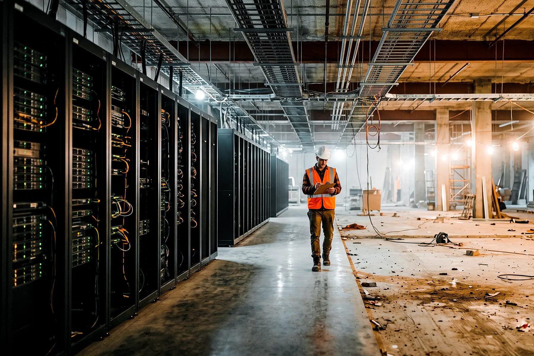 Site worker with clipboard walking between live server racks and an unfinished construction area in a data centre