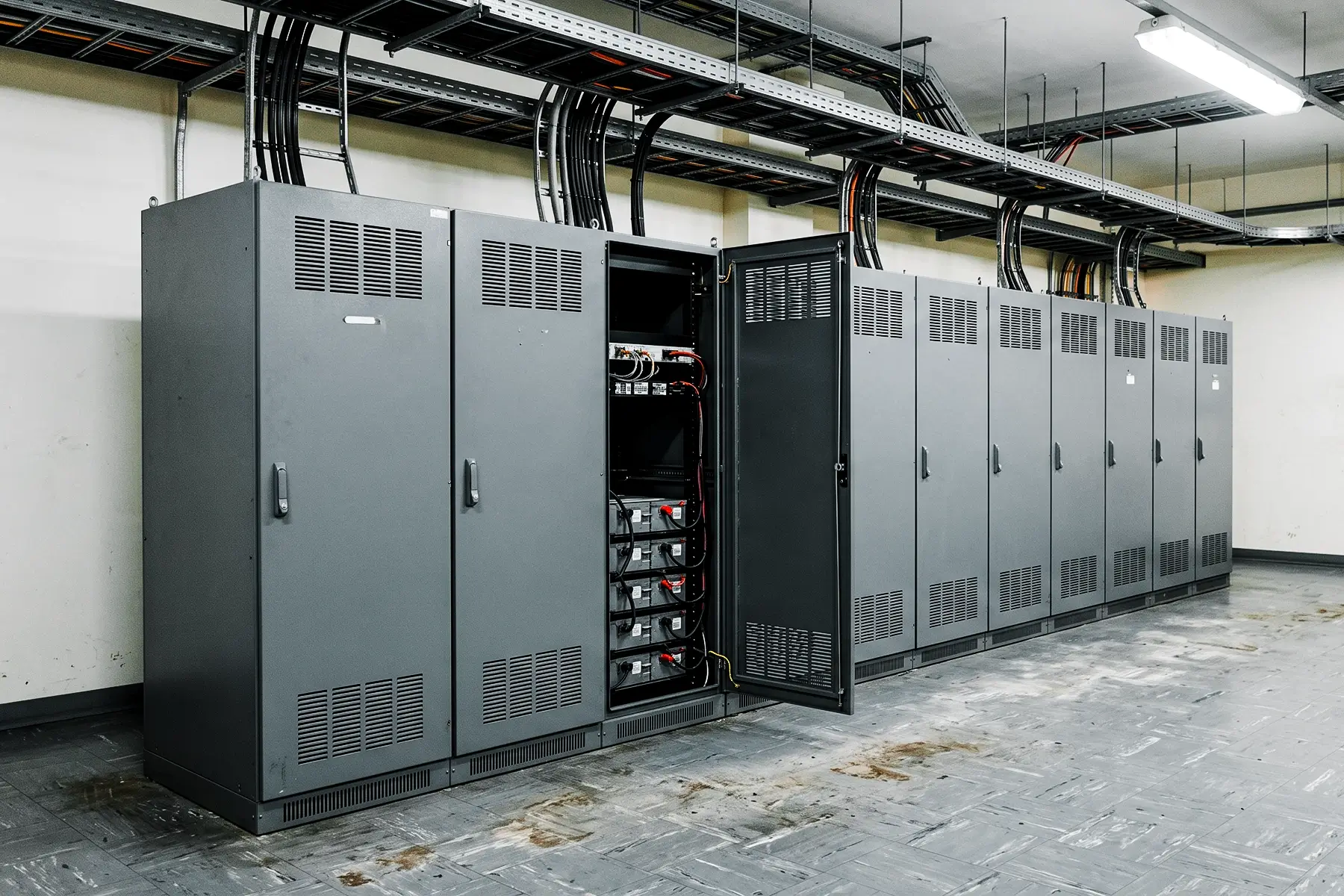 Row of grey UPS battery cabinets in a data centre with one door open showing lithium-ion battery modules