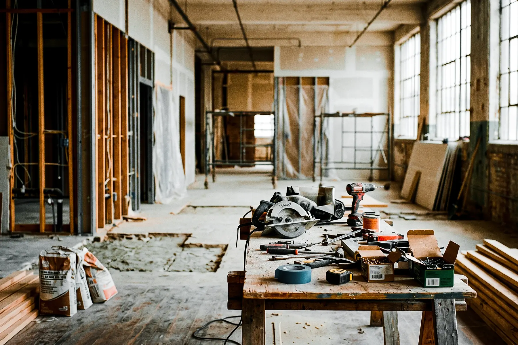 Refurbishment site with exposed wall frames, loose wiring and a workbench with a circular saw and tools