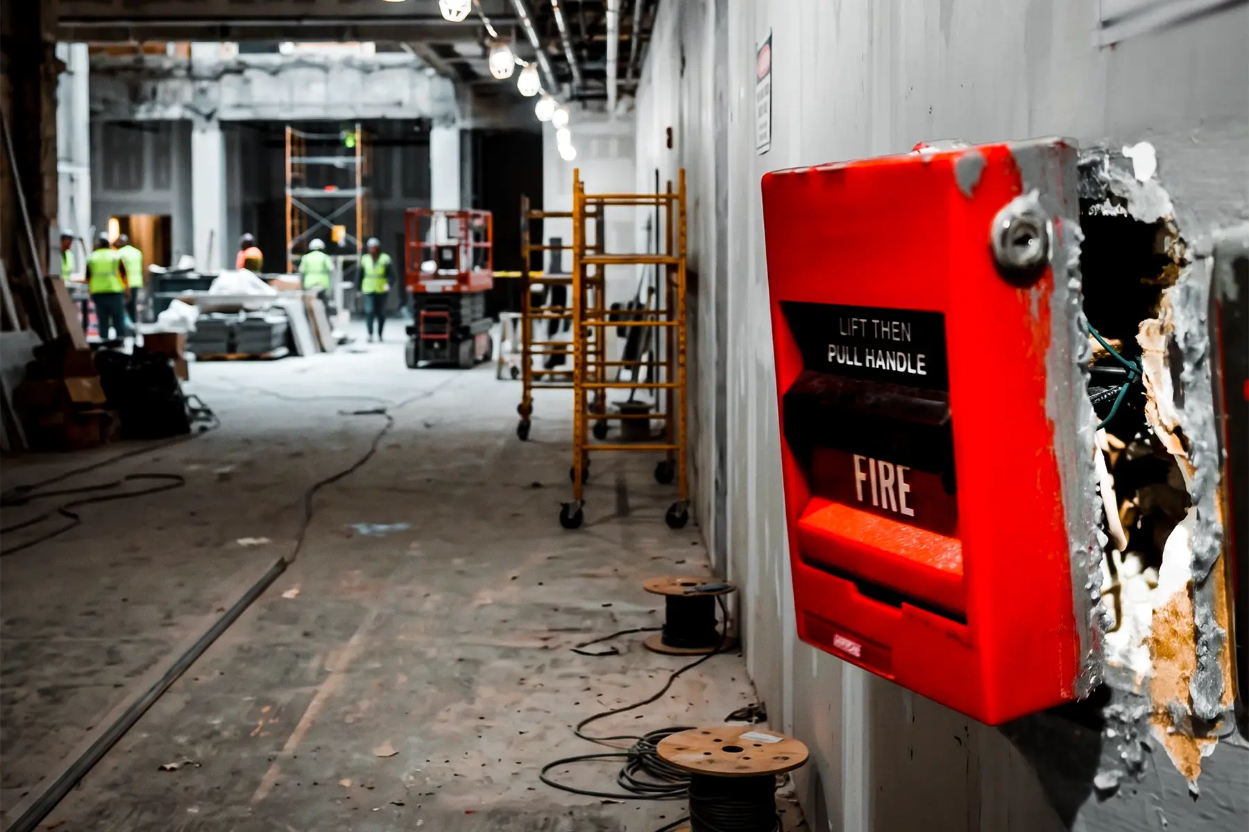 Damaged wall with an old fire alarm pull handle partly removed during refurbishment, workers and scaffold behind