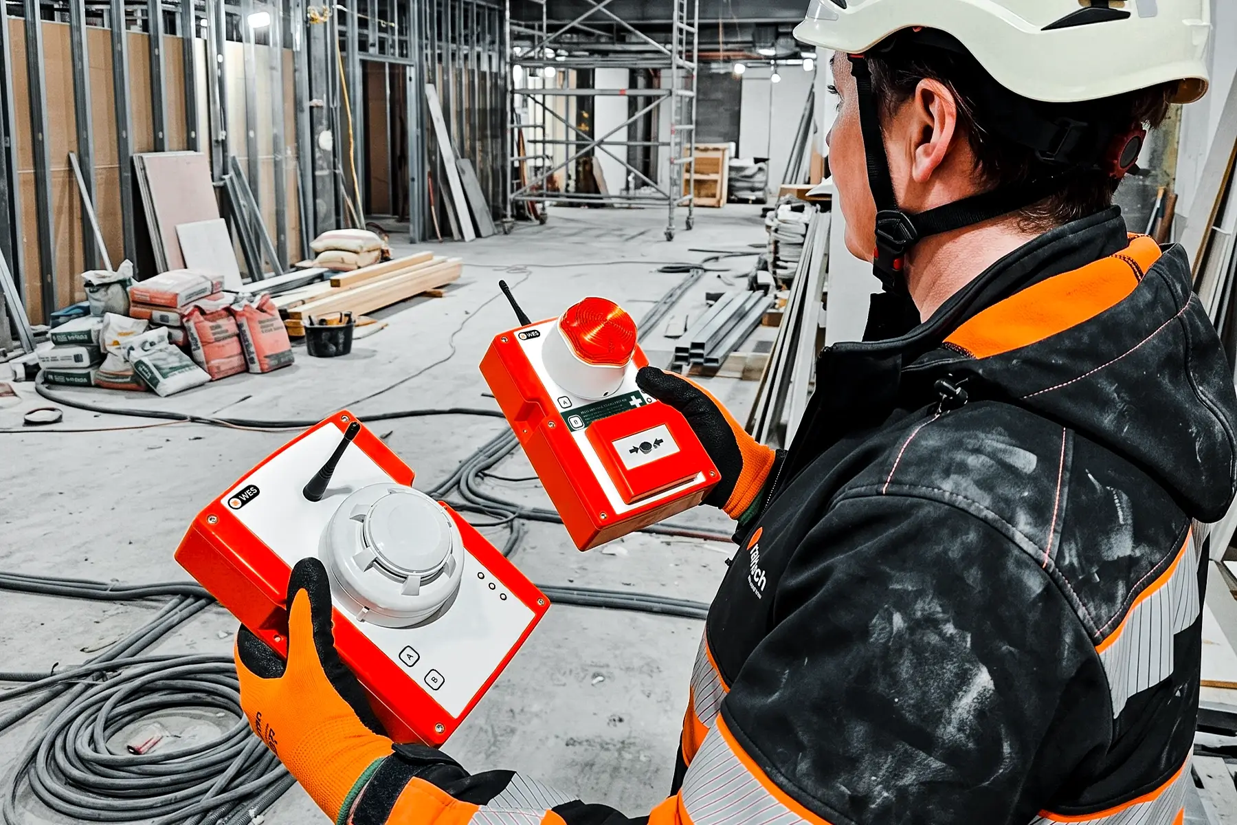 Ramtech worker holding a WES wireless smoke detector unit and a WES call point with beacon on a refurbishment site