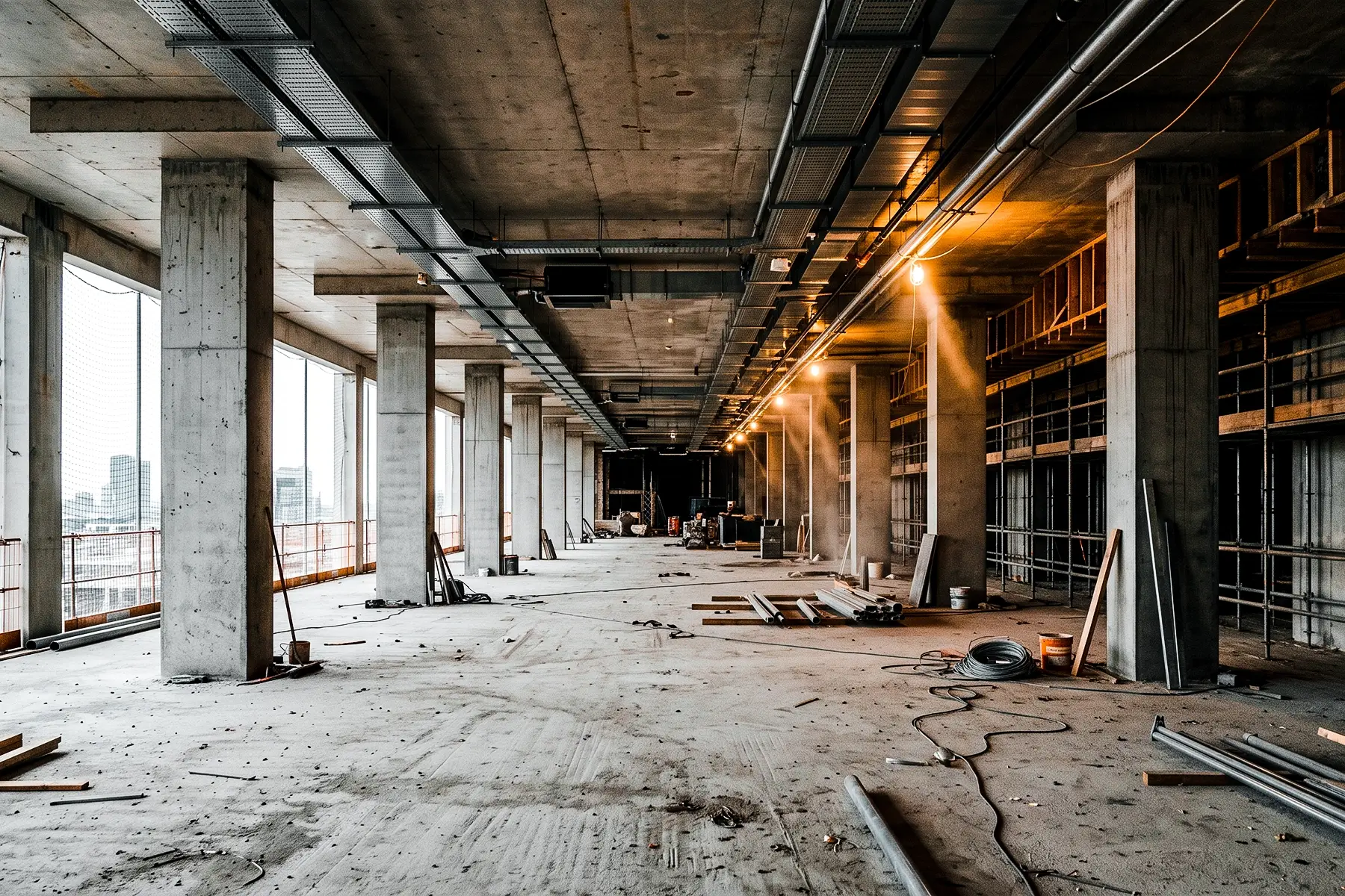 Empty unfinished concrete floor of a building under construction with columns, cable trays, work lights and scaffolding