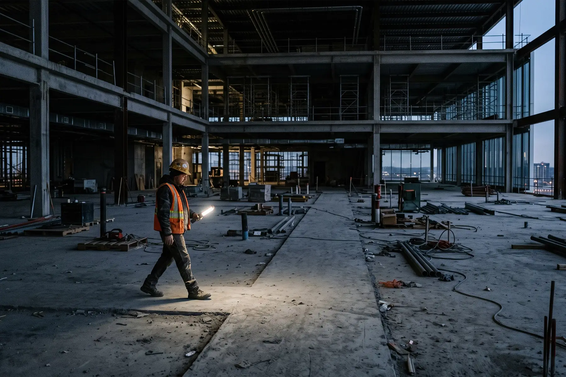 Construction worker in a hard hat and hi-vis vest walking alone with a torch across a dim, unfinished building floor